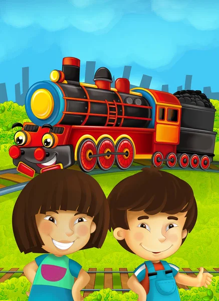 Cartoon train scene with happy kids