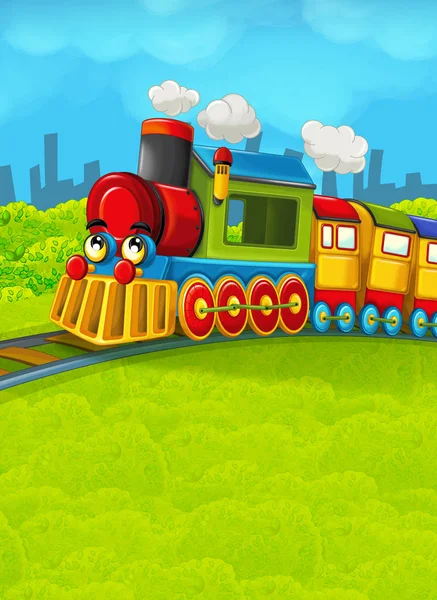 Cena de trem dos desenhos animados no prado — Fotografia de Stock