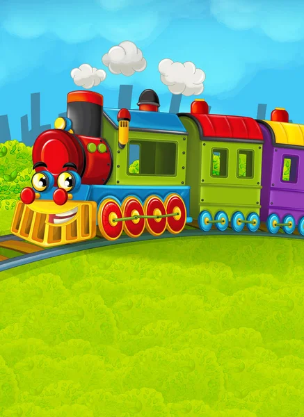 Çizgi film tren sahne çayır üzerinde 