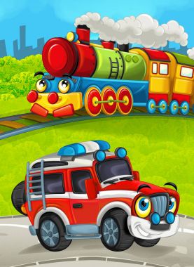 yol itfaiyeci kamyonundan ile çayır üzerinde tren