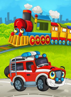 yol itfaiyeci kamyonundan ile çayır üzerinde tren