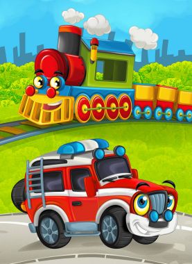 yol itfaiyeci kamyonundan ile çayır üzerinde tren