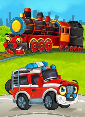 yol itfaiyeci kamyonundan ile çayır üzerinde tren