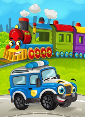 yol polis kamyonundan ile çayır üzerinde tren