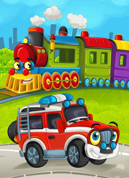 Träna på ängen med off road brandman lastbil — Stockfoto