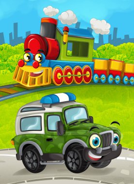 yol askeri kamyonundan ile çayır üzerinde tren