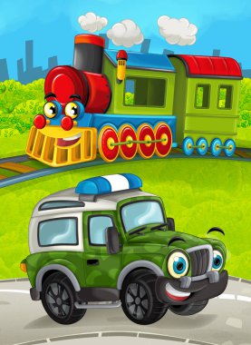 yol askeri kamyonundan ile çayır üzerinde tren