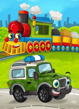 yol askeri kamyonundan ile çayır üzerinde tren