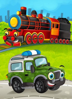 yol askeri kamyonundan ile çayır üzerinde tren