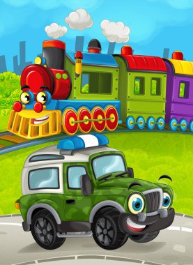 yol askeri kamyonundan ile çayır üzerinde tren