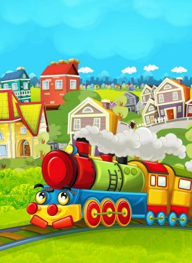 Çizgi film tren sahne çayır üzerinde 