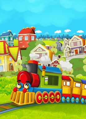 Çizgi film tren sahne çayır üzerinde 