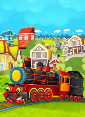 Çizgi film tren sahne çayır üzerinde 