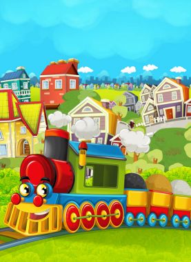 Çizgi film tren sahne çayır üzerinde 