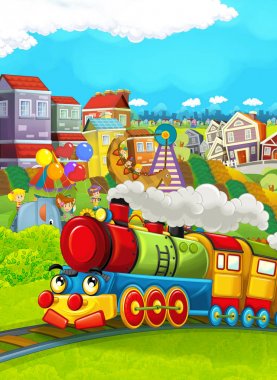 Çizgi film tren sahne çayır üzerinde 