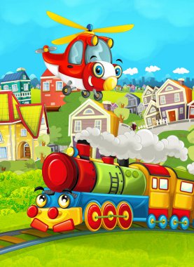 Tren sahne çayır ve uçan helikopter