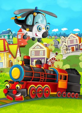 Tren sahne çayır ve uçan helikopter