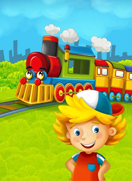 Cartoon train scene with happy kid