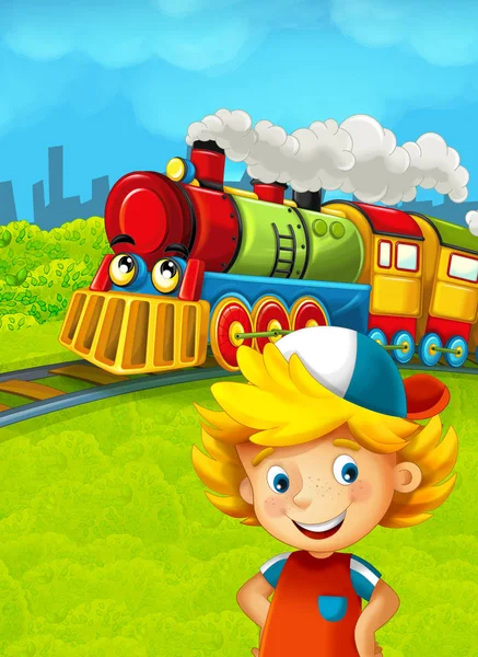 Dibujos animados escena de tren con niño feliz —  Fotos de Stock