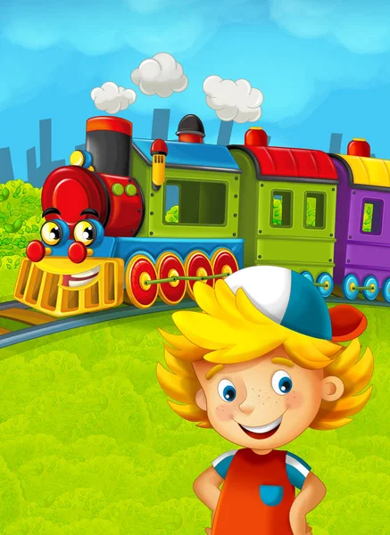 Cena de trem dos desenhos animados com criança feliz — Fotografia de Stock
