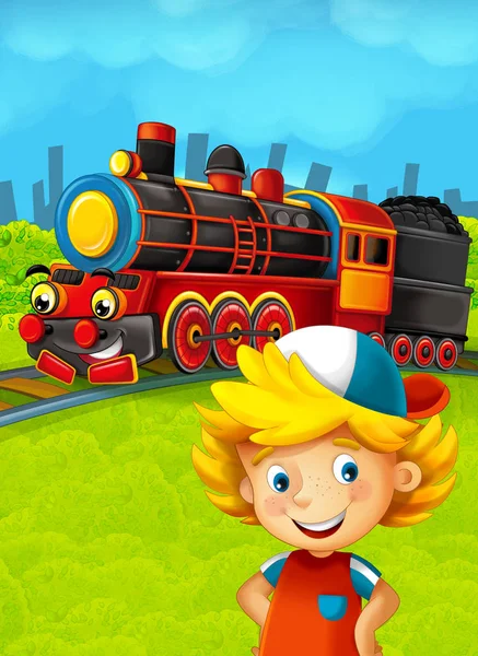 Cartoon train scene with happy kid
