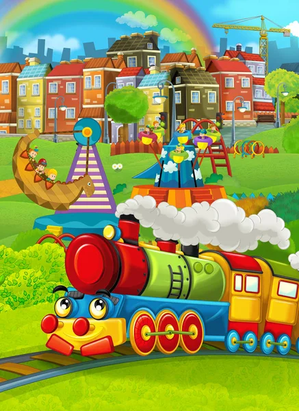 Pociąg z dziećmi, zabawy na placu zabaw — Zdjęcie stockowe