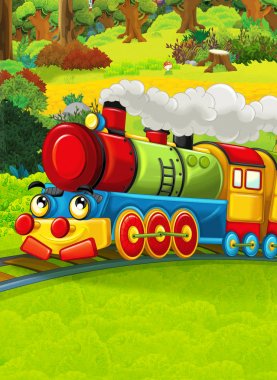 Çizgi film tren sahne çayır üzerinde 