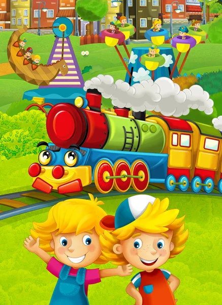 Pociąg z dziećmi, zabawy na placu zabaw — Zdjęcie stockowe