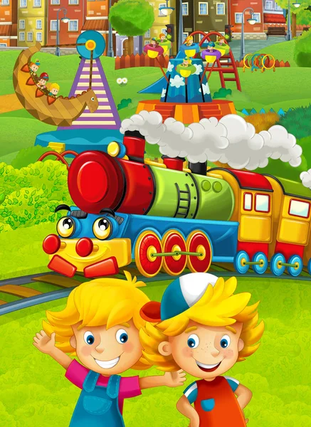 재미 있는 놀이터에 아이 들과 기차 — 스톡 사진