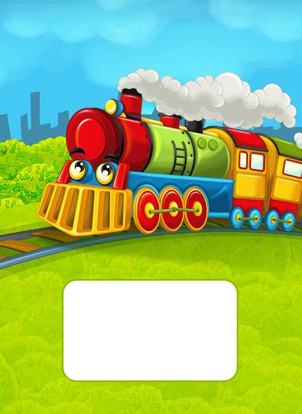 Cartoon train scene with space for text