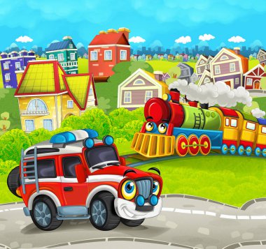 tren ile çayır yol itfaiyeci kamyonundan sahnesinde