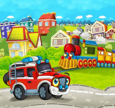 tren ile çayır yol itfaiyeci kamyonundan sahnesinde