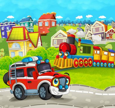 tren ile çayır yol itfaiyeci kamyonundan sahnesinde