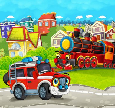 tren ile çayır yol itfaiyeci kamyonundan sahnesinde