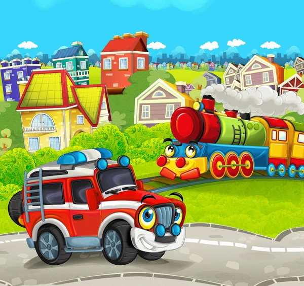 tren ile çayır yol itfaiyeci kamyonundan sahnesinde