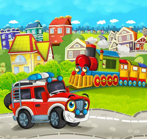 tren ile çayır yol itfaiyeci kamyonundan sahnesinde