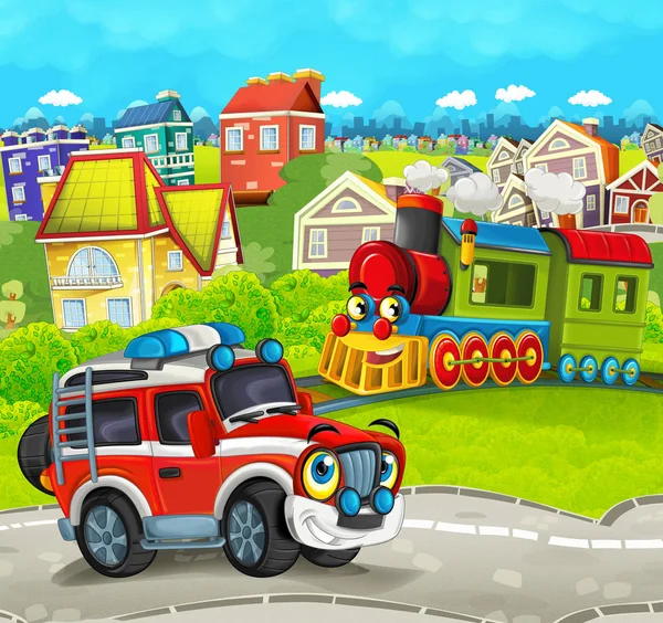 tren ile çayır yol itfaiyeci kamyonundan sahnesinde