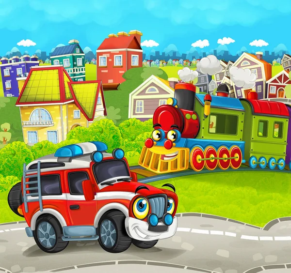 tren ile çayır yol itfaiyeci kamyonundan sahnesinde