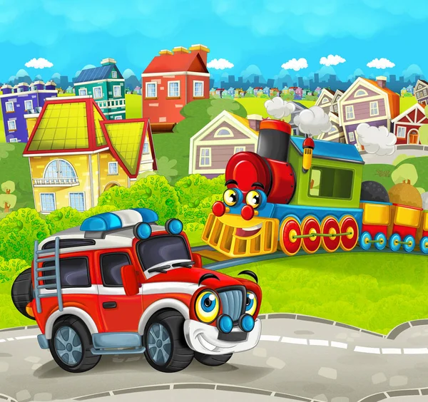 tren ile çayır yol itfaiyeci kamyonundan sahnesinde