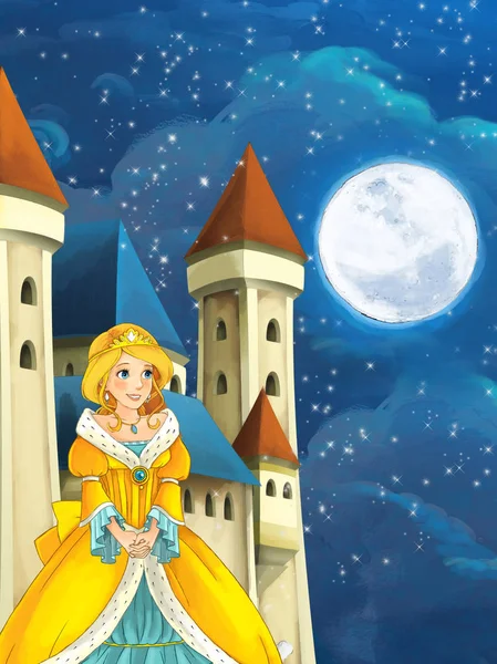 Söpö prinsessa edessä linna — kuvapankkivalokuva