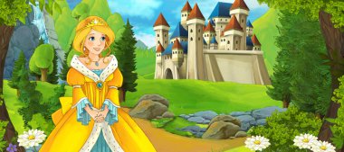 Kız bir kale önünde ayakta 