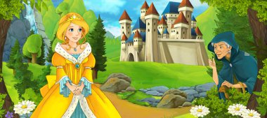 Kız bir kale önünde ayakta 