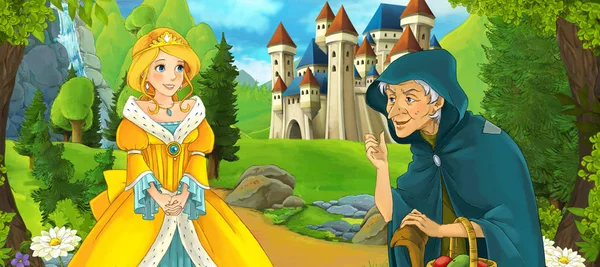 Girl in front of a castle and talking to witch — Stock Photo, Image