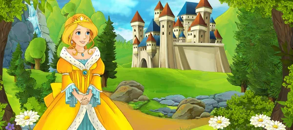 Girl standing in front of a castle — Stock Photo, Image
