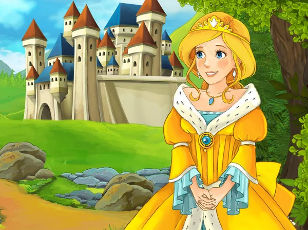 Kız bir kale önünde ayakta 