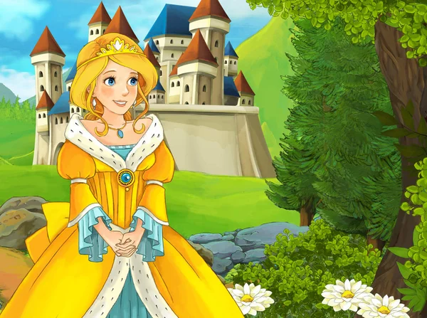 Kız bir kale önünde ayakta 