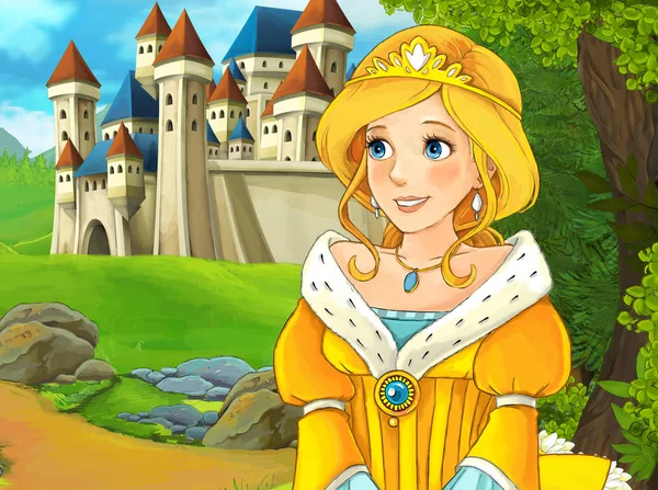 Kız bir kale önünde ayakta 