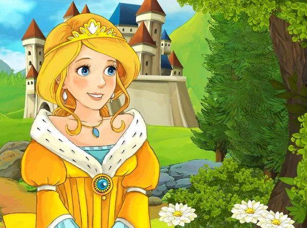 Kız bir kale önünde ayakta 