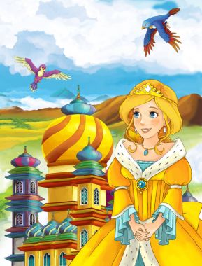 Kız bir kale önünde ayakta 