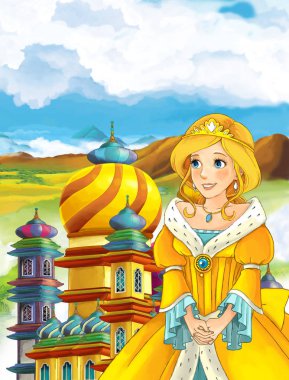 Kız bir kale önünde ayakta